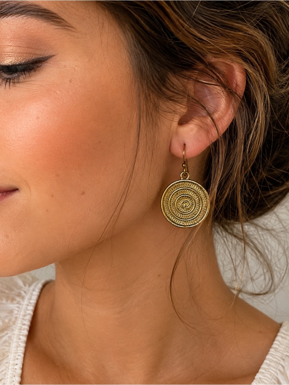 Gold Tone Spiral Medallion Dangle Earrings Boho Statement